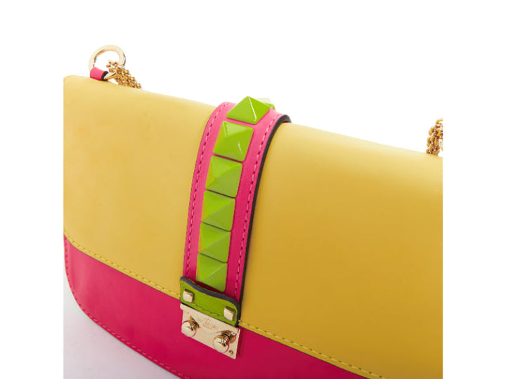 VALENTINO Glam Lock yellow green pink pop Rockstud leather push lock flap bag