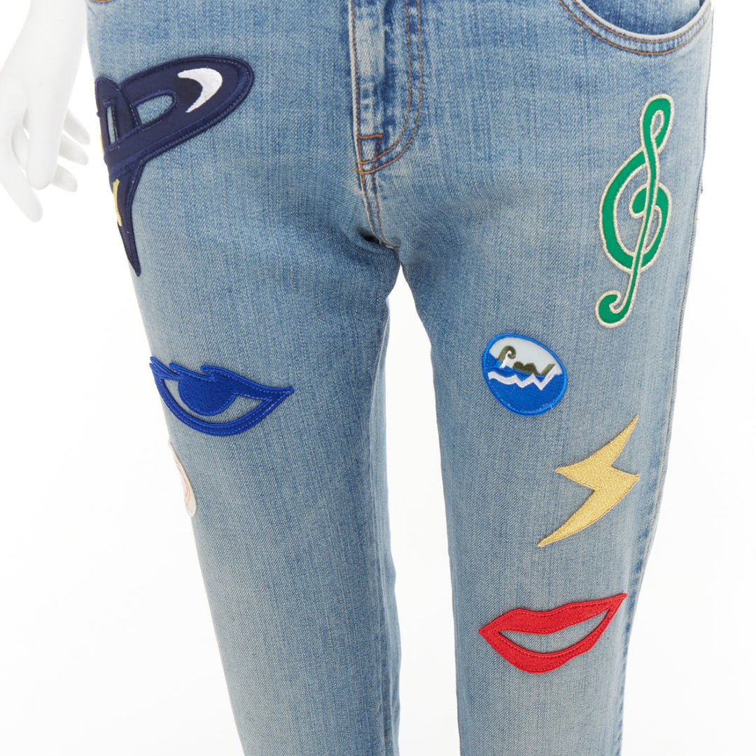 STELLA MCCARTNEY 2015 colorful music notes patch blue crop jeans 25"