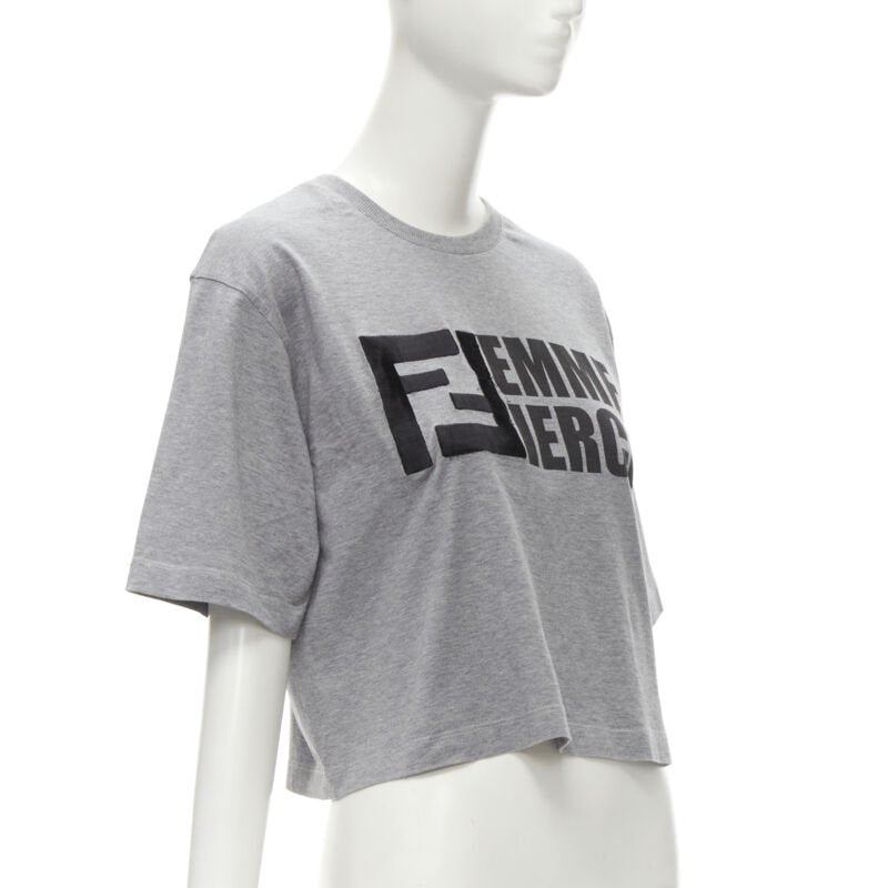 FENDI Femme Fierce embroidery FF logo grey cropped cotton tshirt M