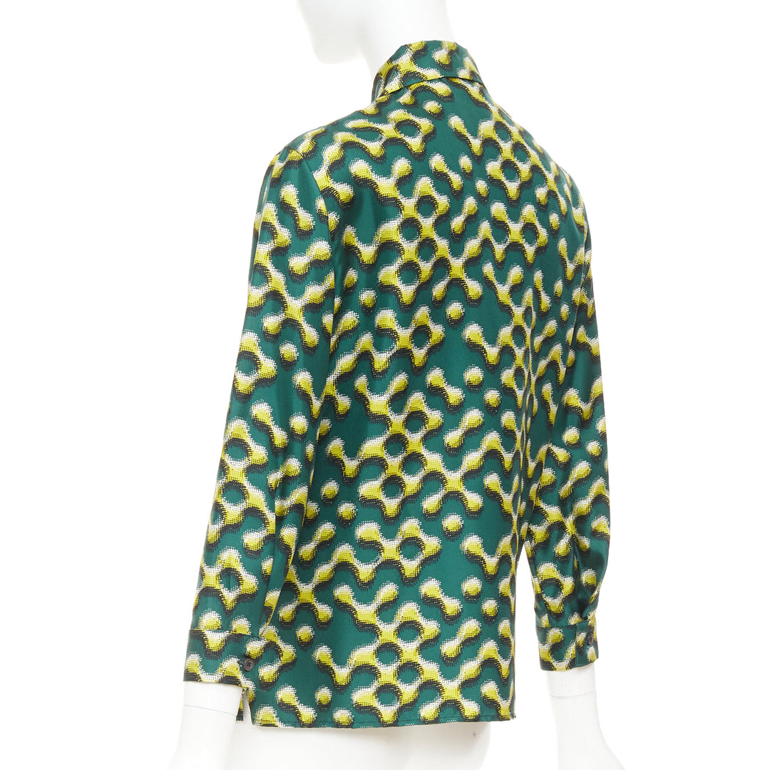 PRADA 2015 100% silk green yellow molecular geometric print shirt IT38 XS