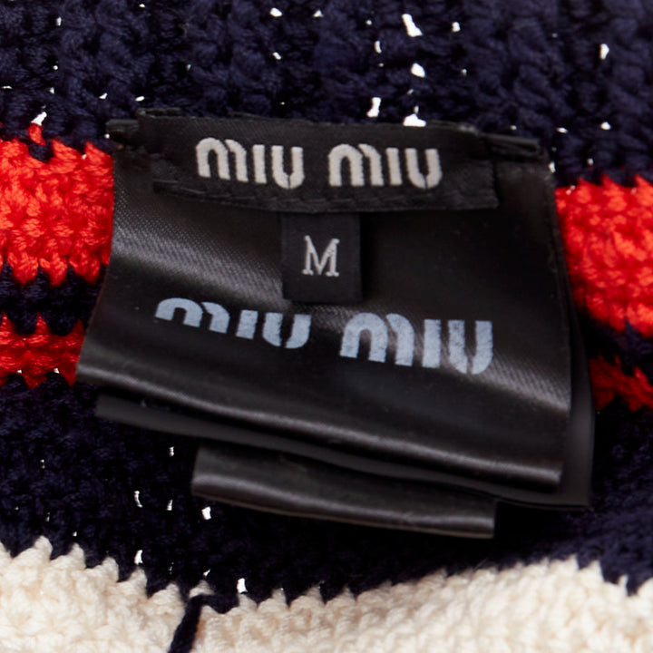 MIU MIU 2024 navy red white logo applique striped crochet knit beret hat M