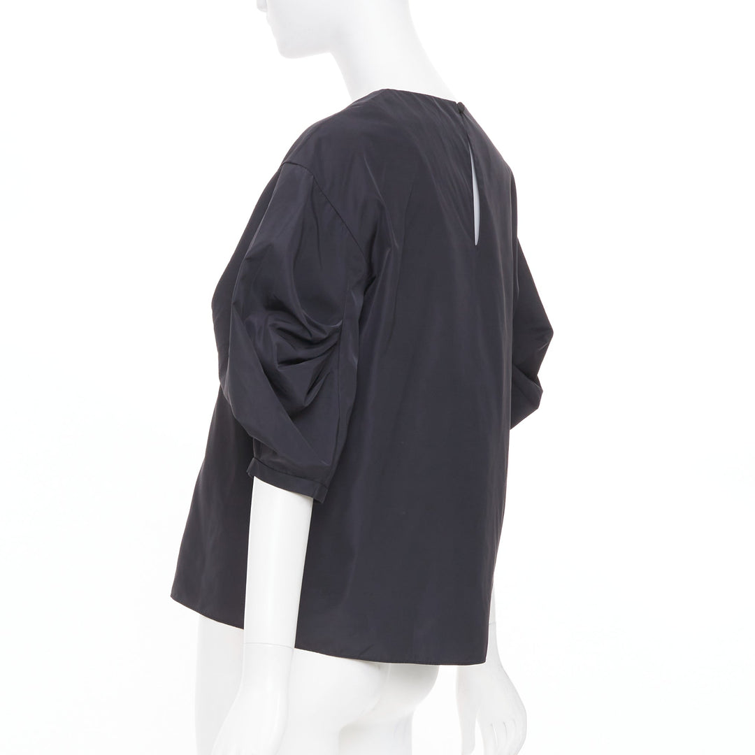 TIBI Italian Sporty Nylon Pleat Sleeve black sculptural balloon blouse US0 XS