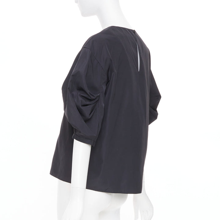TIBI Italian Sporty Nylon Pleat Sleeve black sculptural balloon blouse US0 XS