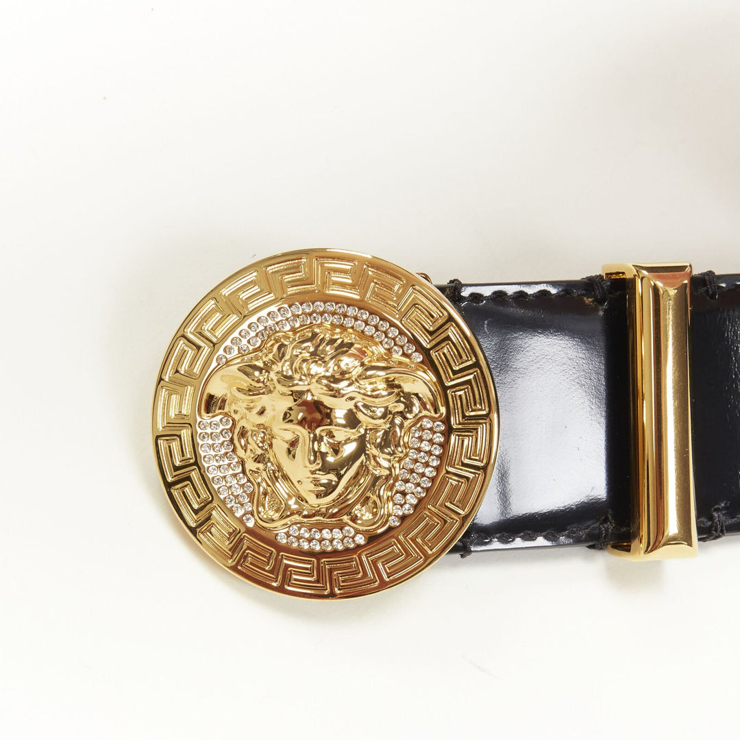 VERSACE Medusa Biggie crystal gold coin black leather belt 90cm 34-38"