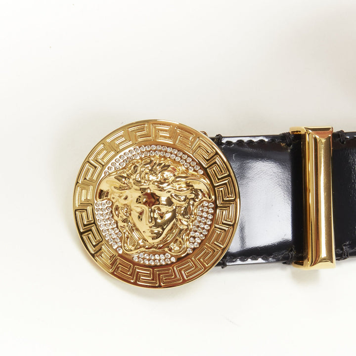 VERSACE Medusa Biggie crystal gold coin black leather belt 90cm 34-38"
