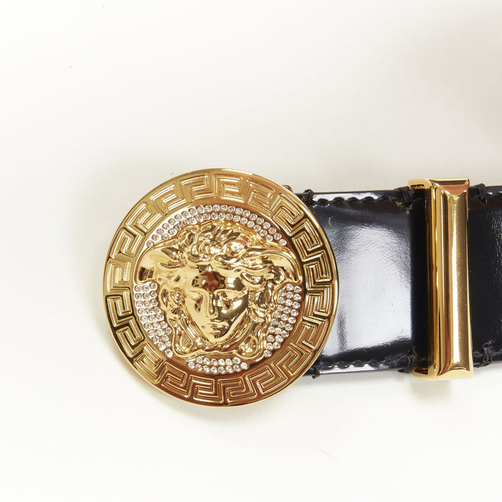 VERSACE Medusa Biggie crystal gold Medallion coin black belt 100cm 38-42"