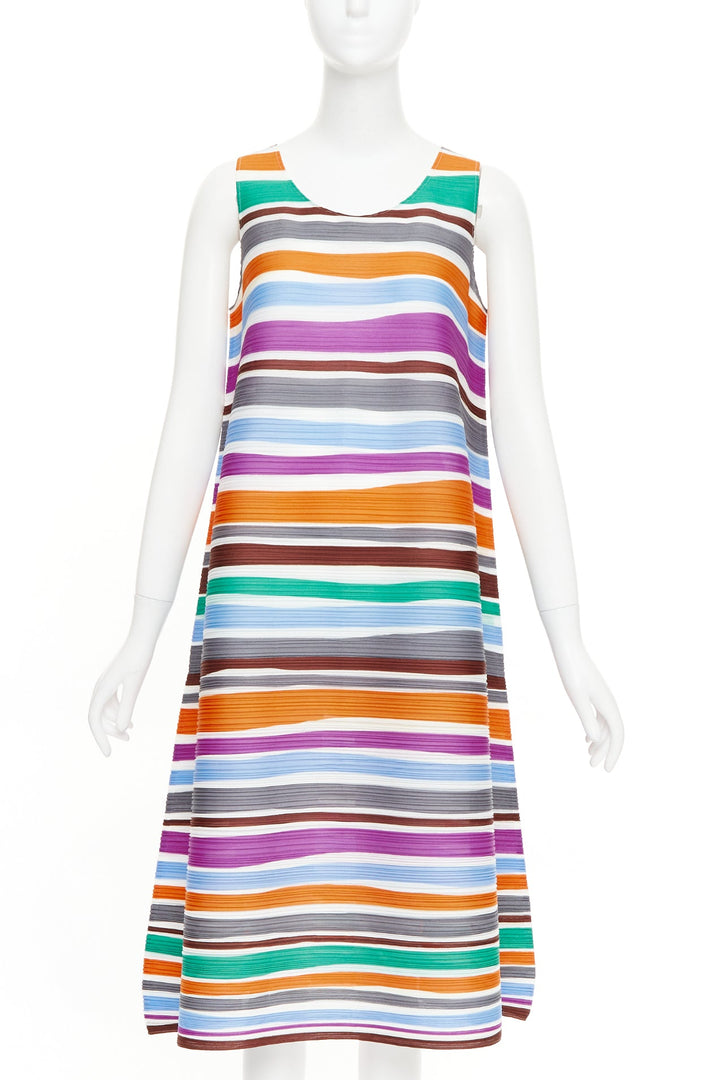 PLEATS PLEASE ISSEY MIYAKE multicolor striped sleeveless trapeze dress JP3 L