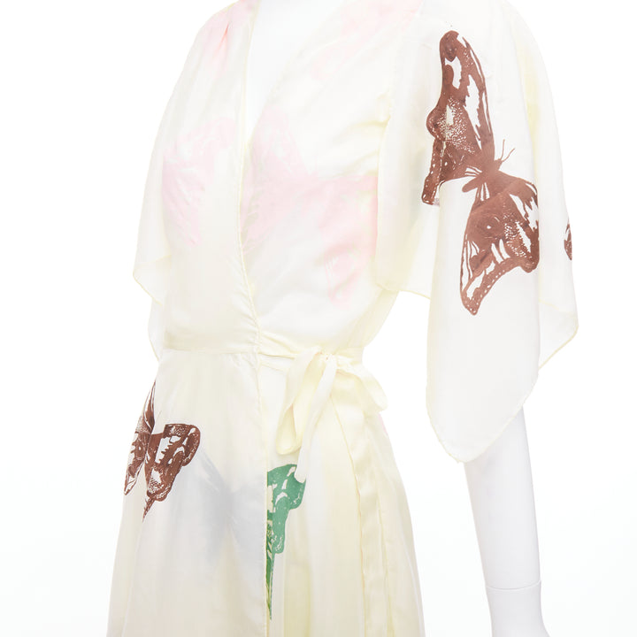 JESSE KAMM cream silk pink brown butterfly print flare wrap dress S