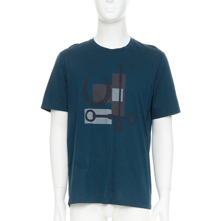 HERMES dark teal blue horse bit print cotton crew neck tshirt