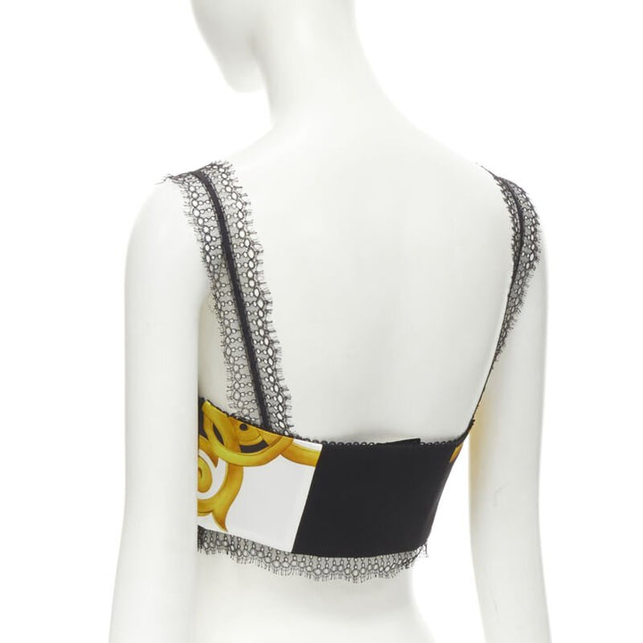 Female mannequin wearing Versace by Donatella Versace Barocco Acanthus Gold Polyester Women Bustier in Size IT38 | Available at JHROP