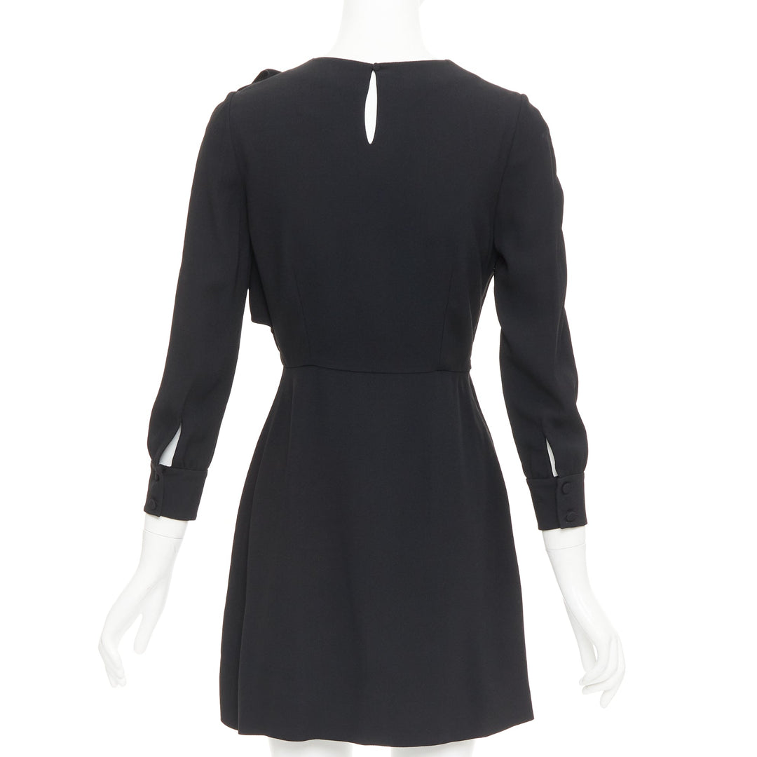SAINT LAURENT 2014 black crepe draped bow front pleated  mini dress FR36 S