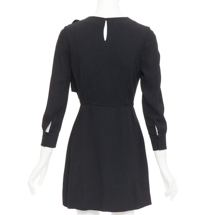 SAINT LAURENT 2014 black crepe draped bow front pleated  mini dress FR36 S