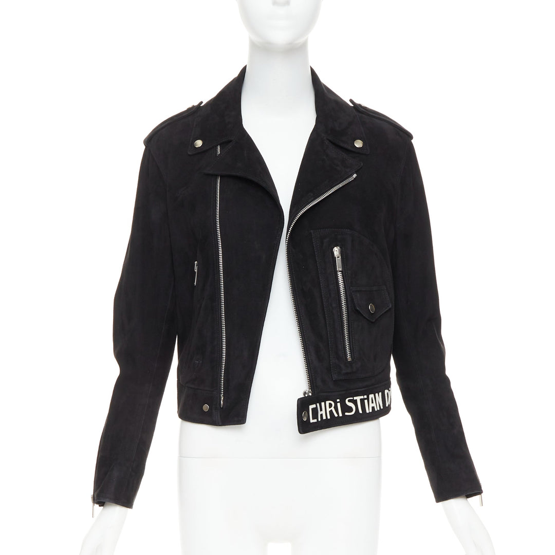 CHRISTIAN DIOR black suede lambskin leather patchwork biker jacket FR36 S