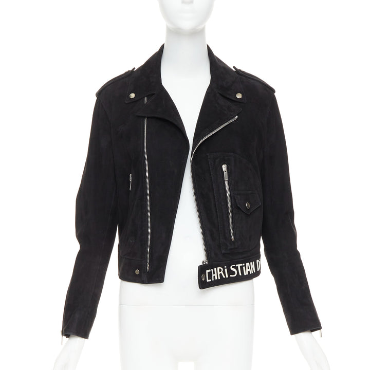 CHRISTIAN DIOR black suede lambskin leather patchwork biker jacket FR36 S