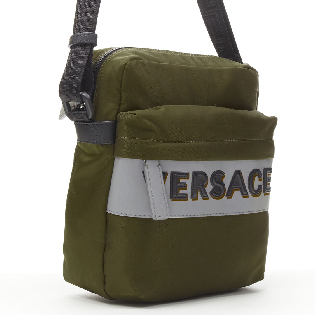 VERSACE reflective logo green nylon Greca strap crossbody messenger bag