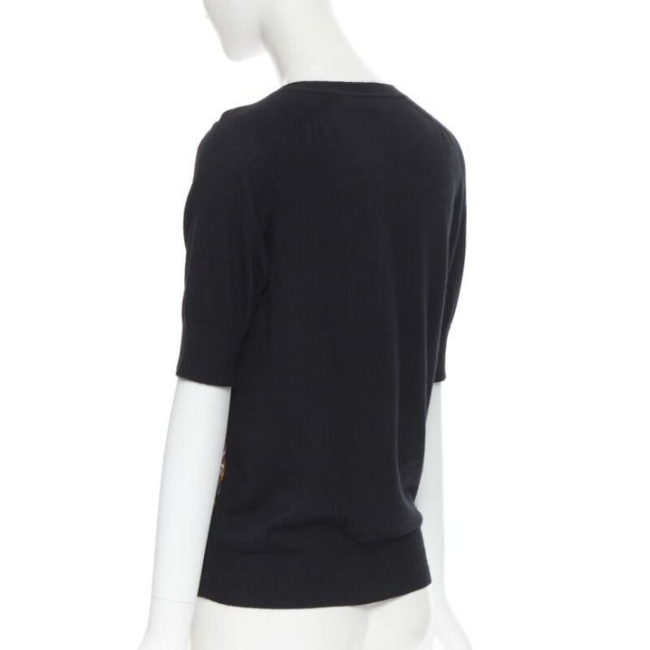 HERMES PARIS signature silk print front black cashmere knit V-neck sweater Fr34