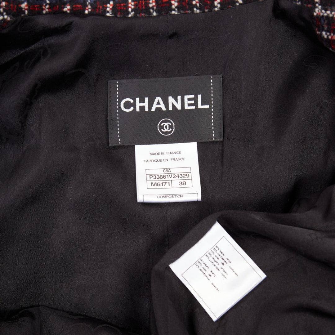 CHANEL 2008 burgundy navy check striped tweed cashmere wool fringe blazer FR42 L