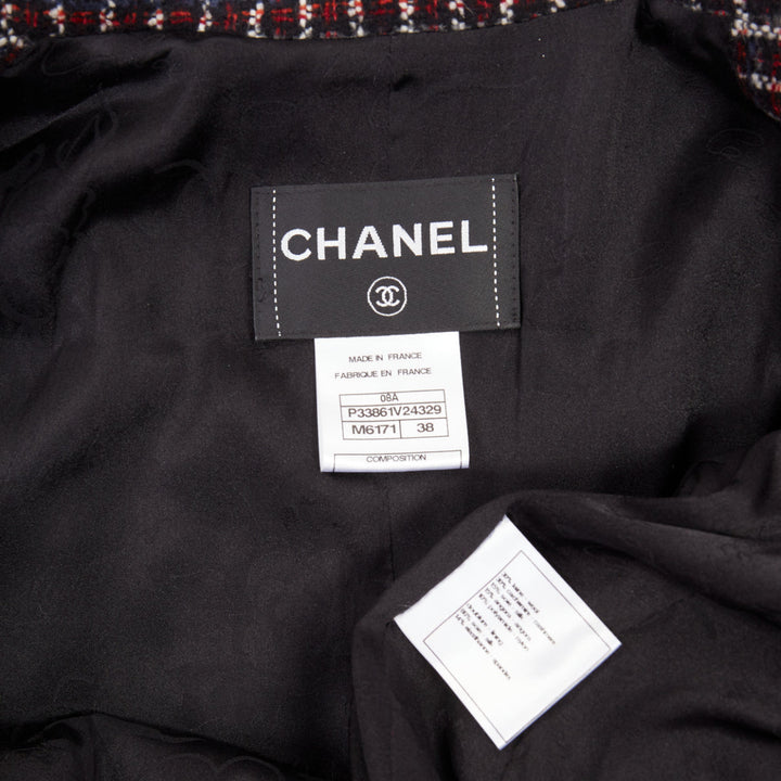 CHANEL 2008 burgundy navy check striped tweed cashmere wool fringe blazer FR42 L