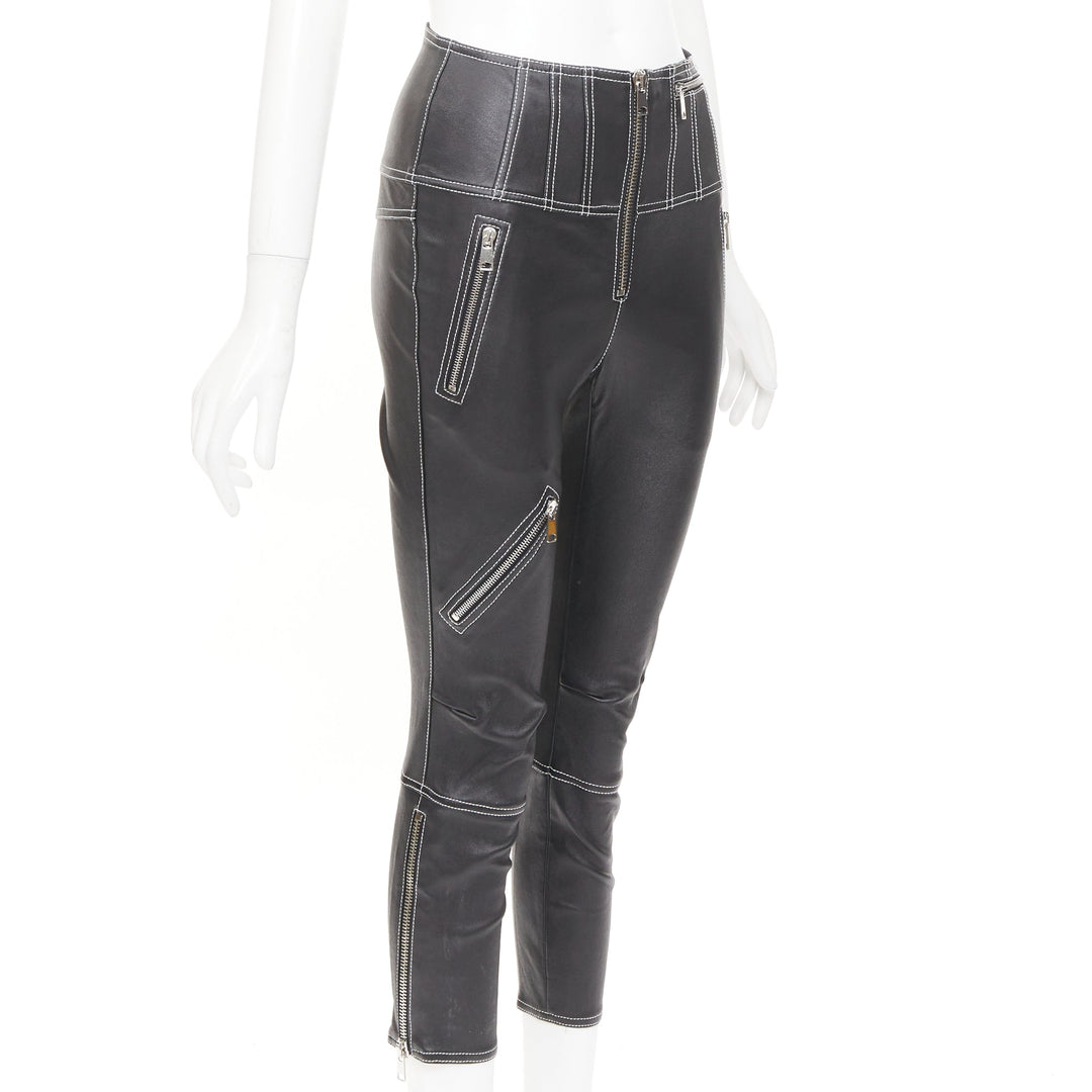 ALEXANDER MCQUEEN 2021 contrast stitch biker corset black leather pants IT38 XS