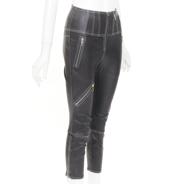 ALEXANDER MCQUEEN 2021 contrast stitch biker corset black leather pants IT38 XS