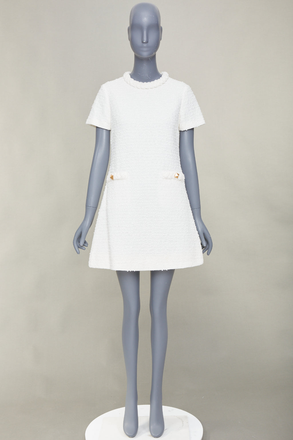 VALENTINO 2021 Roman Stud optical white cotton tweed short sleeve dress IT40 S