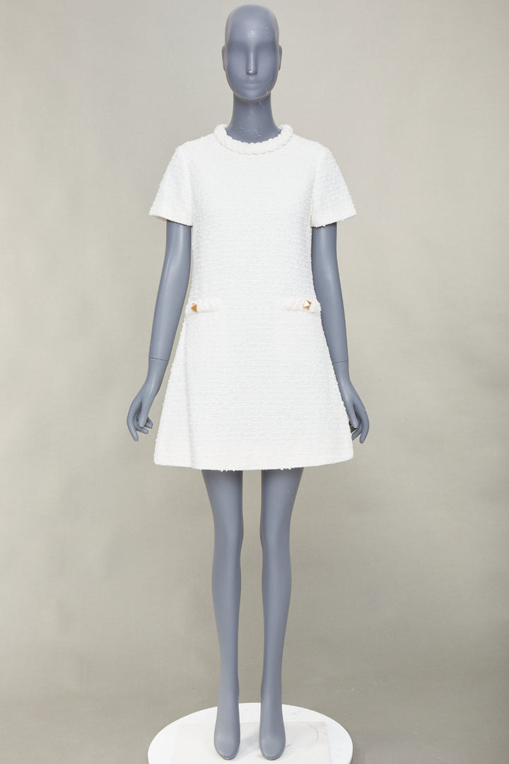 VALENTINO 2021 Roman Stud optical white cotton tweed short sleeve dress IT40 S