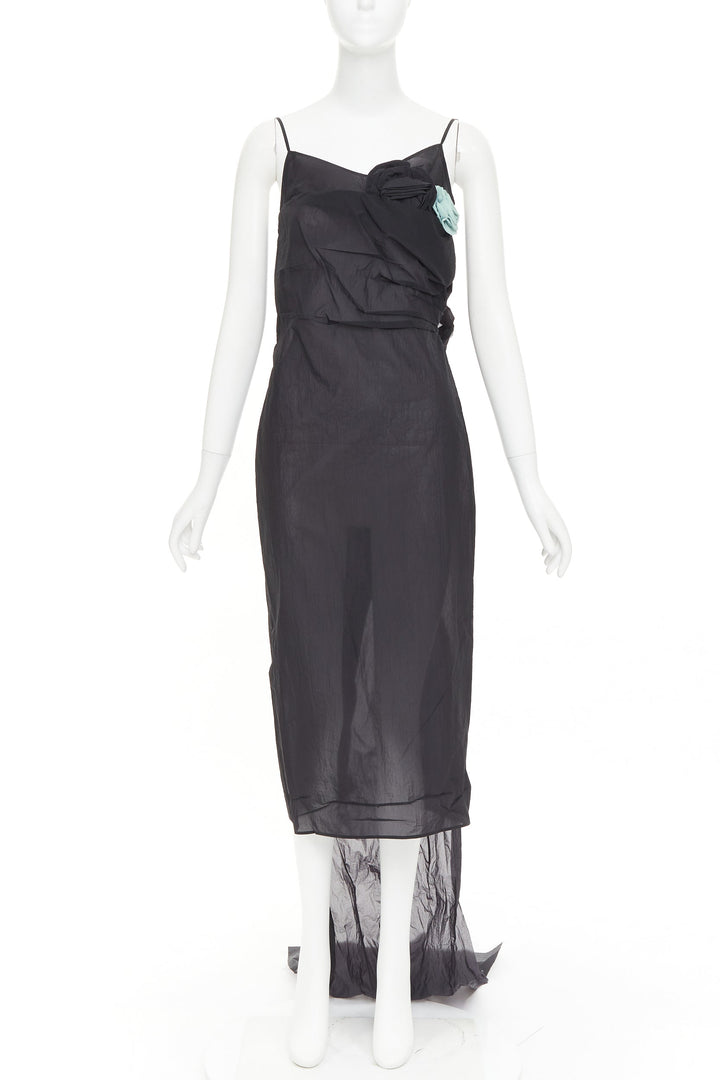 PRADA 2023 Runway black crinkled Re-Nylon crepe rosette draped slip gown IT38 XS