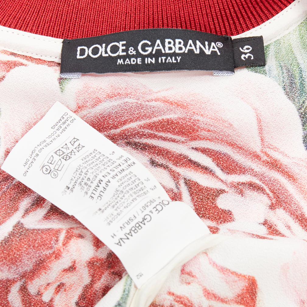 DOLCE GABBANA red rose floral print striped silk track bomber jacket IT36 XXS