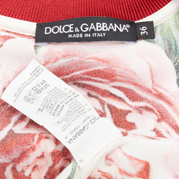 DOLCE GABBANA red rose floral print striped silk track bomber jacket IT36 XXS