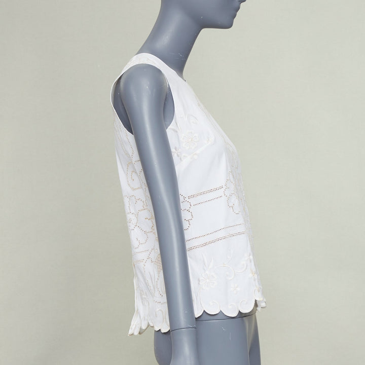 DOLCE GABBANA white cotton floral embroidered openwork scallop tank top IT38 XS