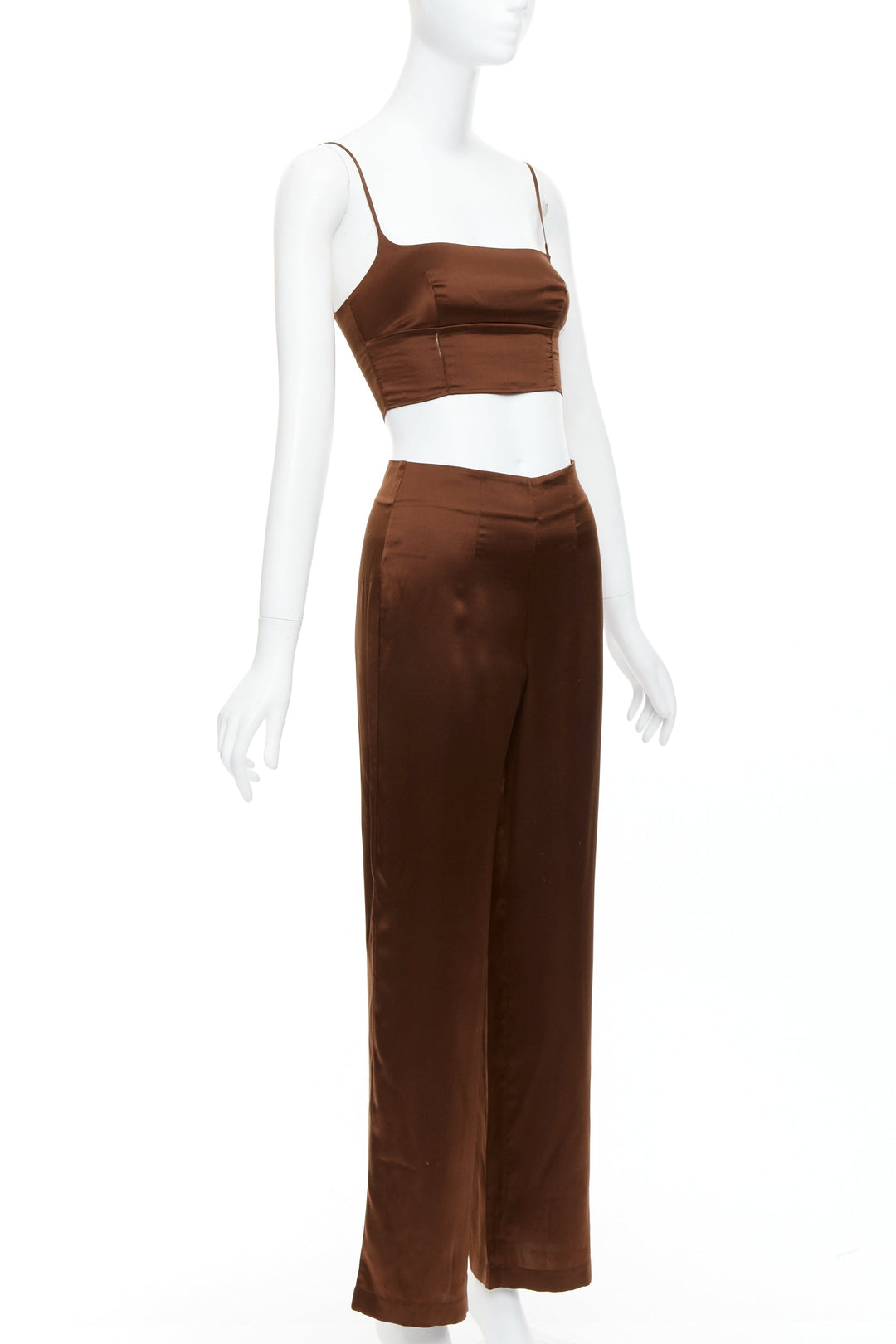 REFORMATION 100% silk brown elastic cropped top wide leg pants US0 XS