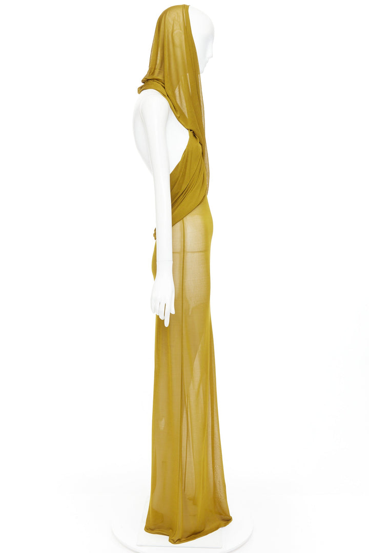 SAINT LAURENT 2023 Runway gold hooded draped maxi sheer dress FR34 XS
