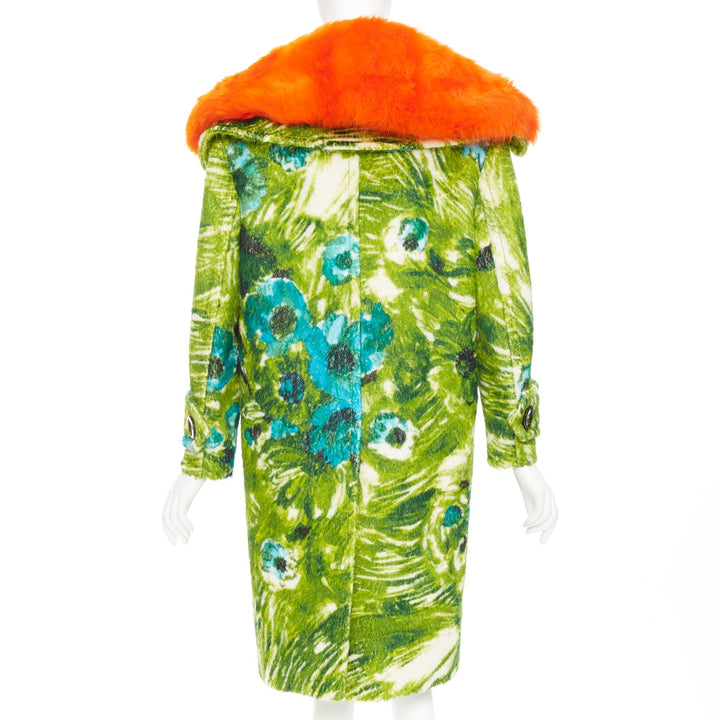PRADA 2017 Runway alpaca wool felt green floral orange fur collar coat IT40 S