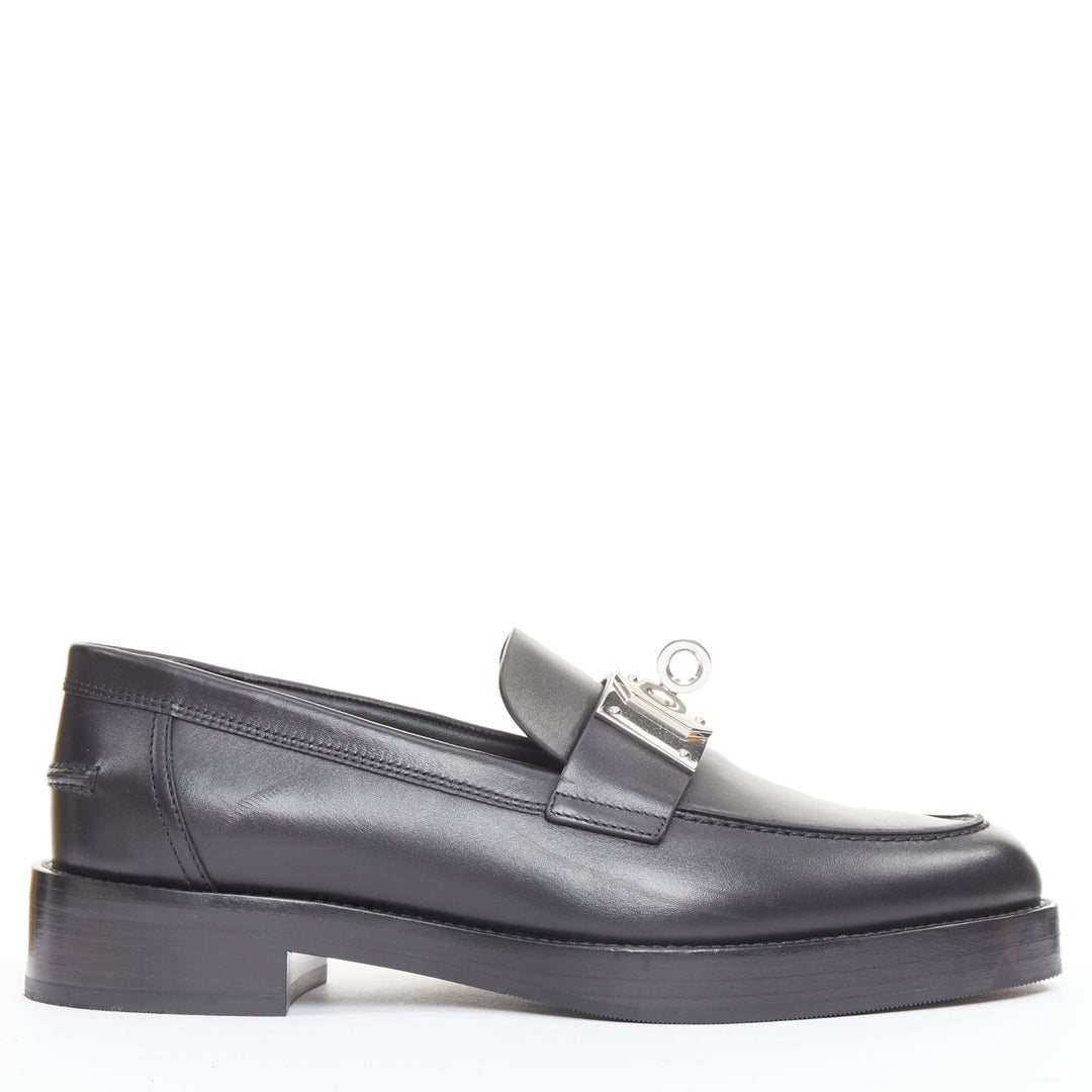 HERMES 2023 Hot Loafer black calfskin palladium Kelly buckle shoes EU38.5