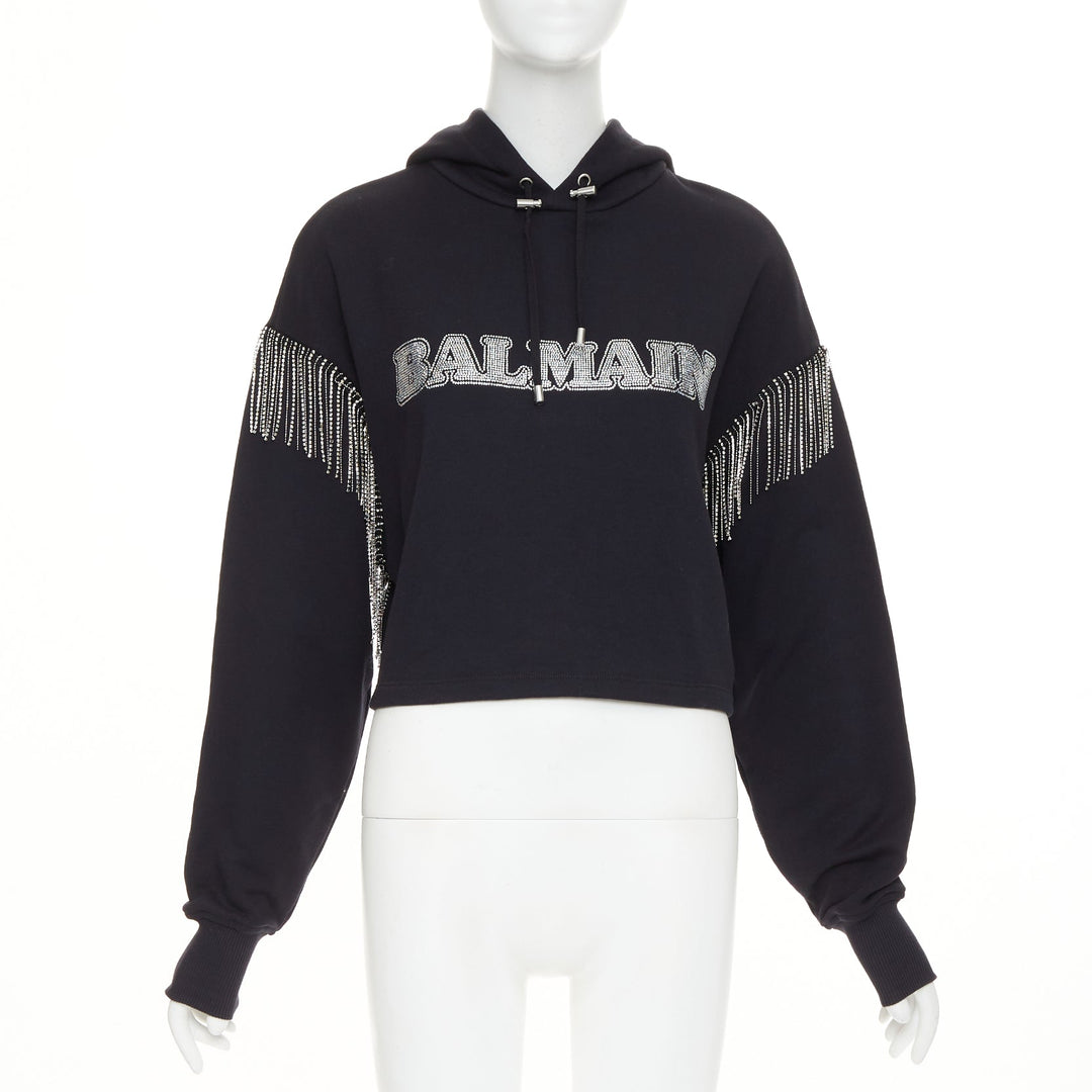 BALMA 2024 black crystal logo embellished fringe cropped hoodie sweatshirt XS