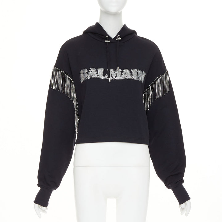 BALMA 2024 black crystal logo embellished fringe cropped hoodie sweatshirt XS