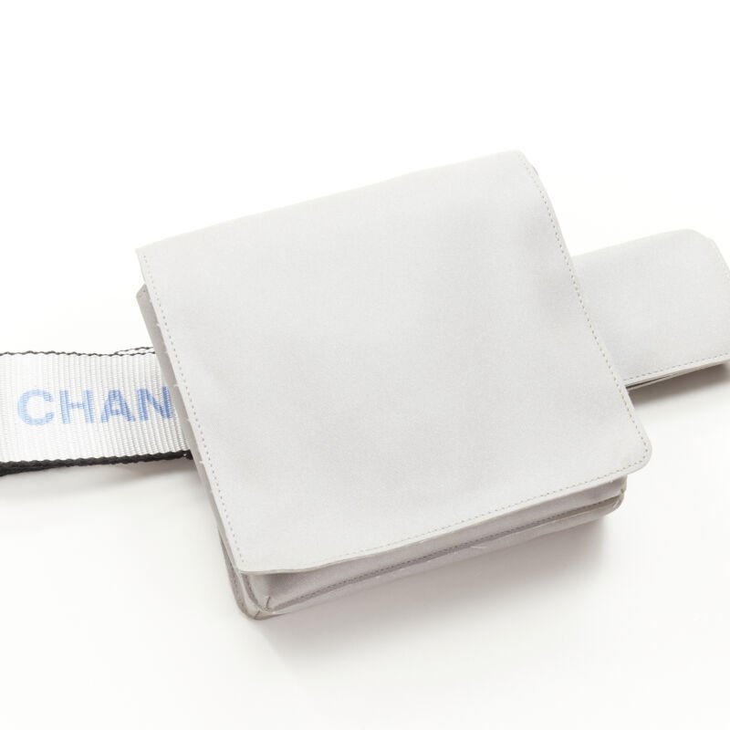 CHANEL 1990's Vintage silver nylon logo strap CC buckle square flap waist bag