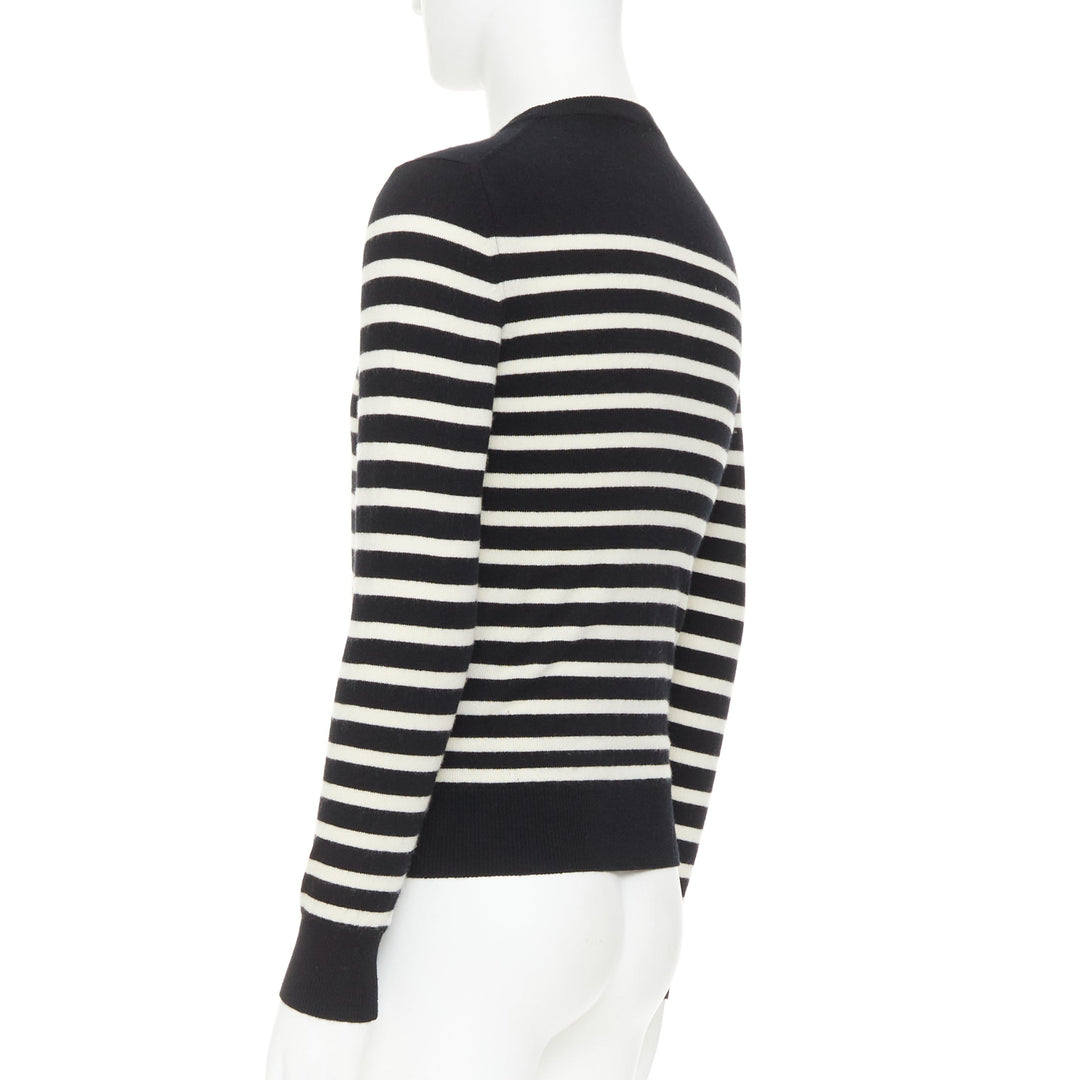 SAINT LAURENT 2017 100% Cashmere black white horizontal striped crew sweater XS
