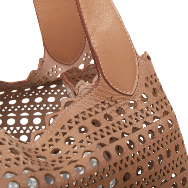 ALAIA Le Mina 32 Sable tan Vienne laser cut openwork calfskin leather tote bag