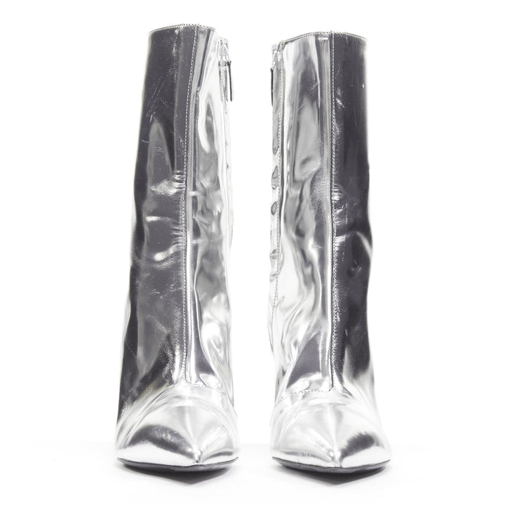 BALENCIAGA Demna silver metallic mirrored leather high ankle boots EU38