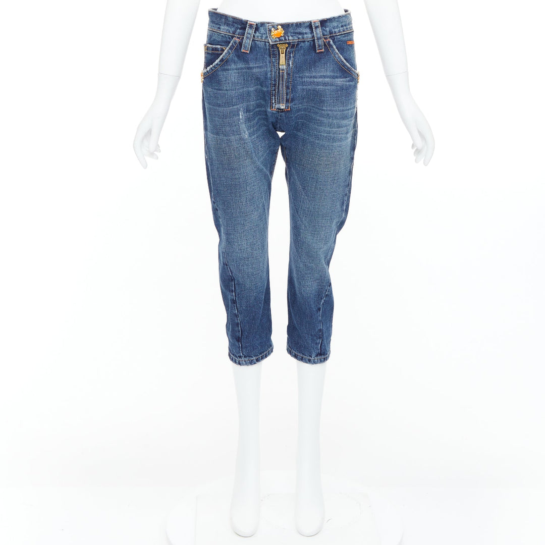 DSQUARED2 Vintage orange crab button logo blue denim cropped jeans IT38 XS