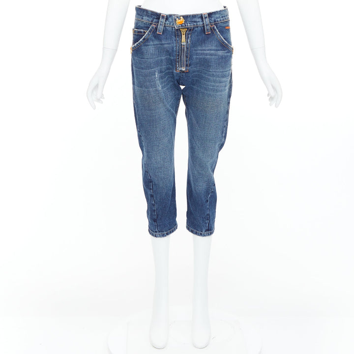 DSQUARED2 Vintage orange crab button logo blue denim cropped jeans IT38 XS