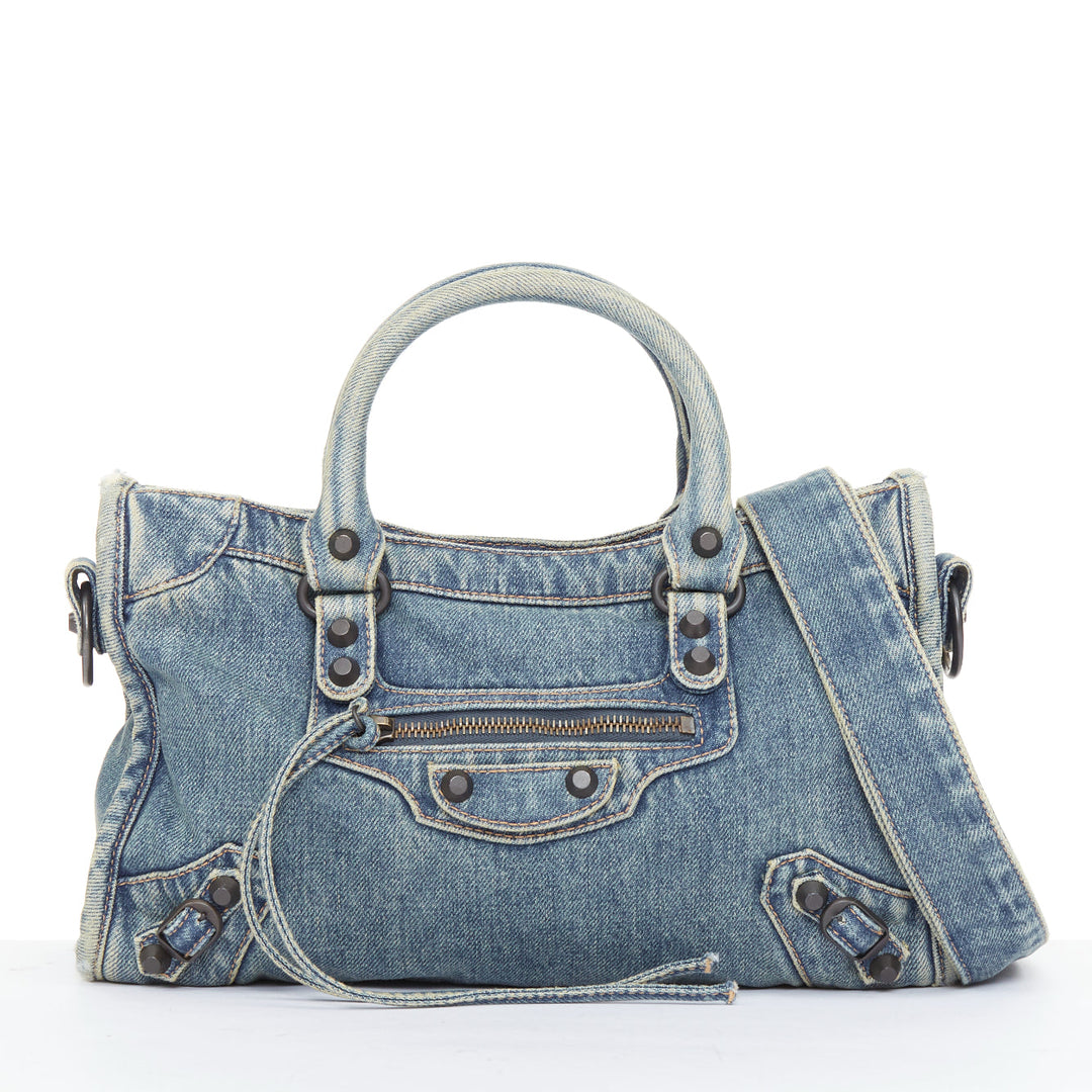 BALENCIAGA Le City Small blue washed denim gunmetal studded top handle bag