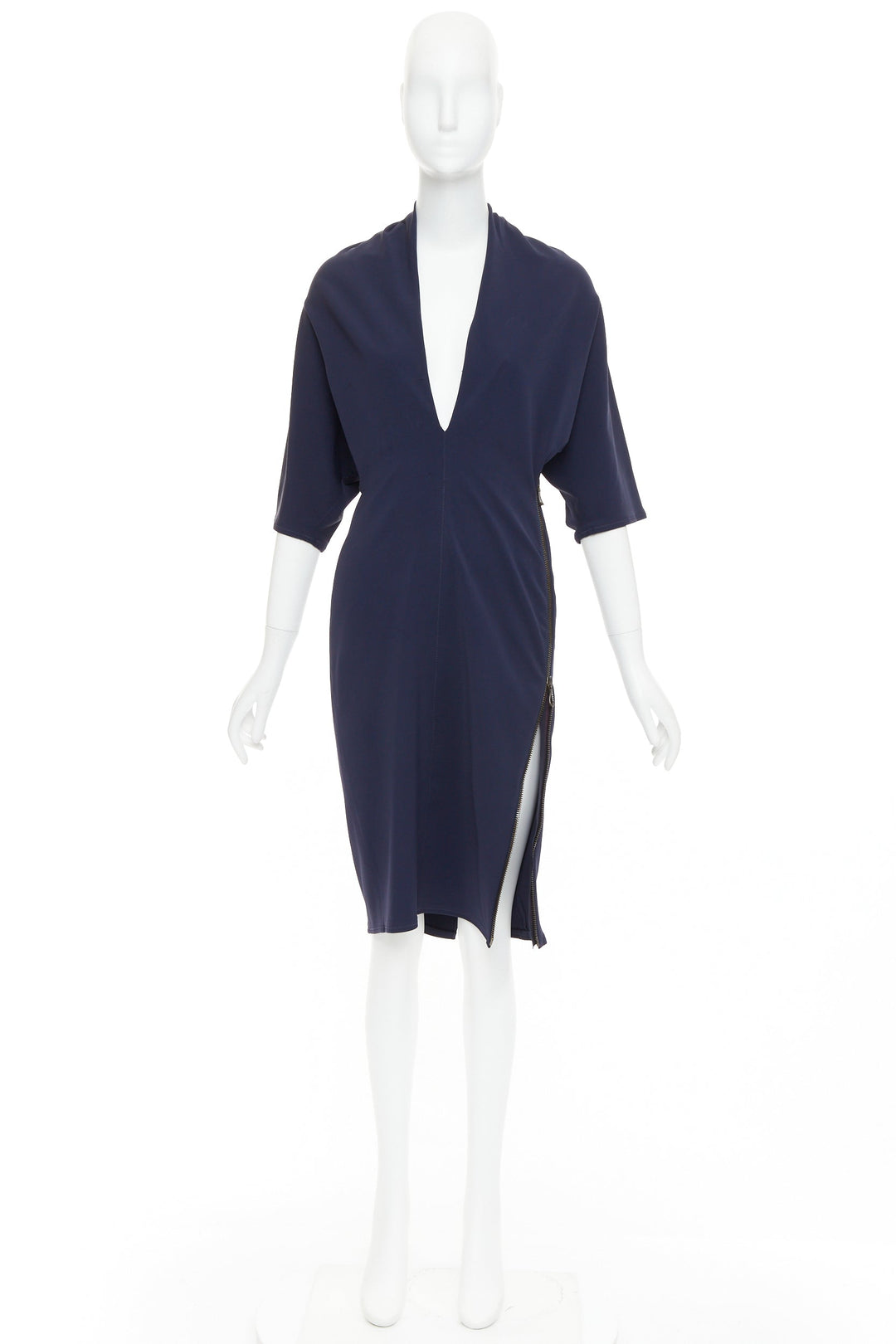 LANVIN 2011 Alber Elbaz navy drape V neck side zip side dolman dress FR40 L
