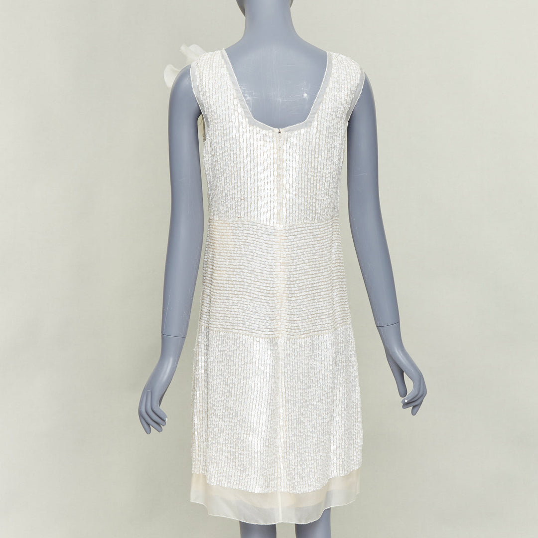 VERA WANG Bridal cream silk organza sequin floral brooch shift dress US4 M