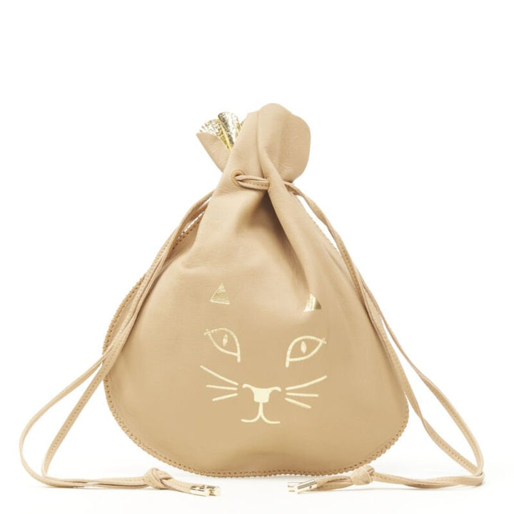 CHARLOTTE OLYMPIA Precious Pouch gold Kitty print tan leather drawstring bag