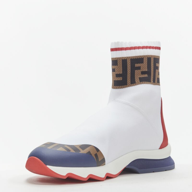 FENDI FILA Mania white logo lettering Zucca FF sock knit high top sneaker EU35