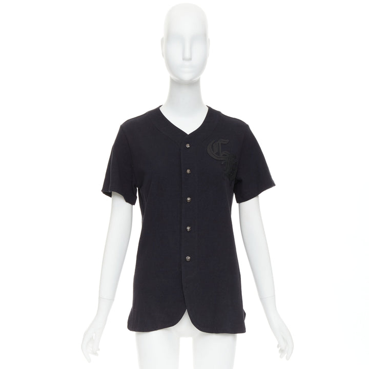 CHROME HEARTS black cotton CH leather patch silver cross button baseball shirt S