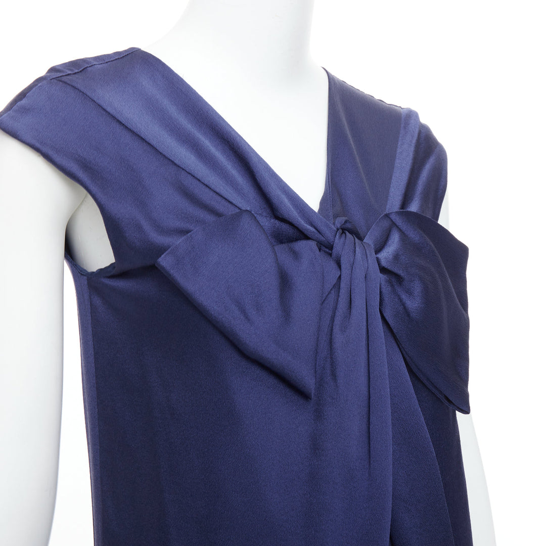 ALBERTA FERRETTI 100% silk navy bow detail cap sleeve V neck dress IT38 XS