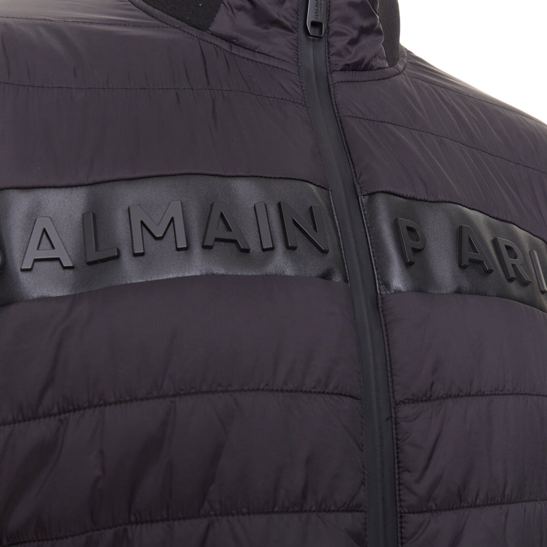 BALMAIN black mixed quilted puffer logo neoprene sleeves zip up jacket EU50 L